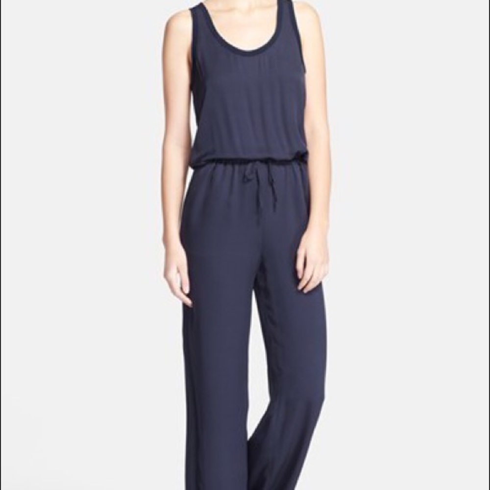 Theory Navy Silk Drawstring Jumpsuit